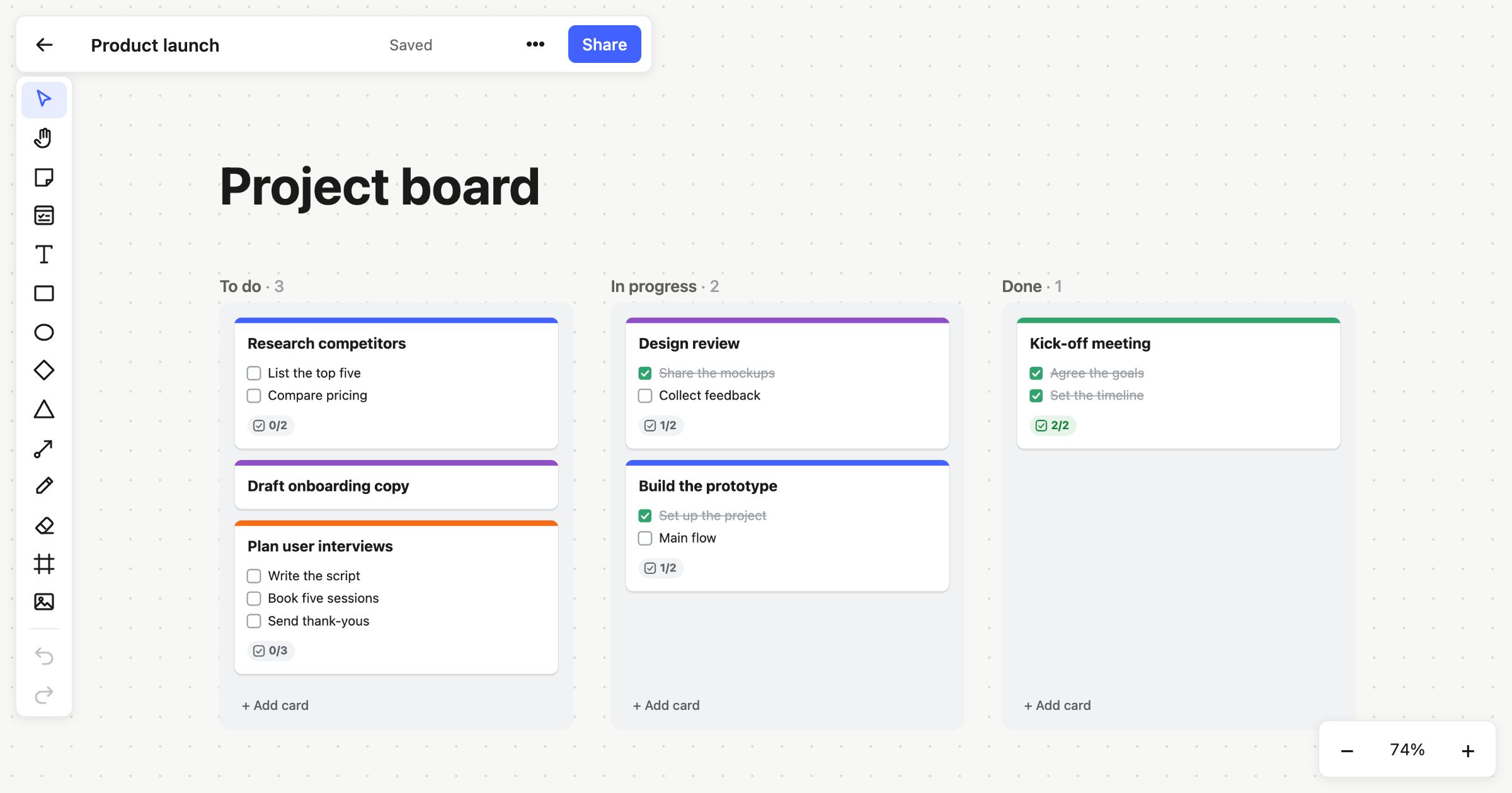 A Kanban board in Atomic Lab: To do, In progress and Done columns holding cards with checklists