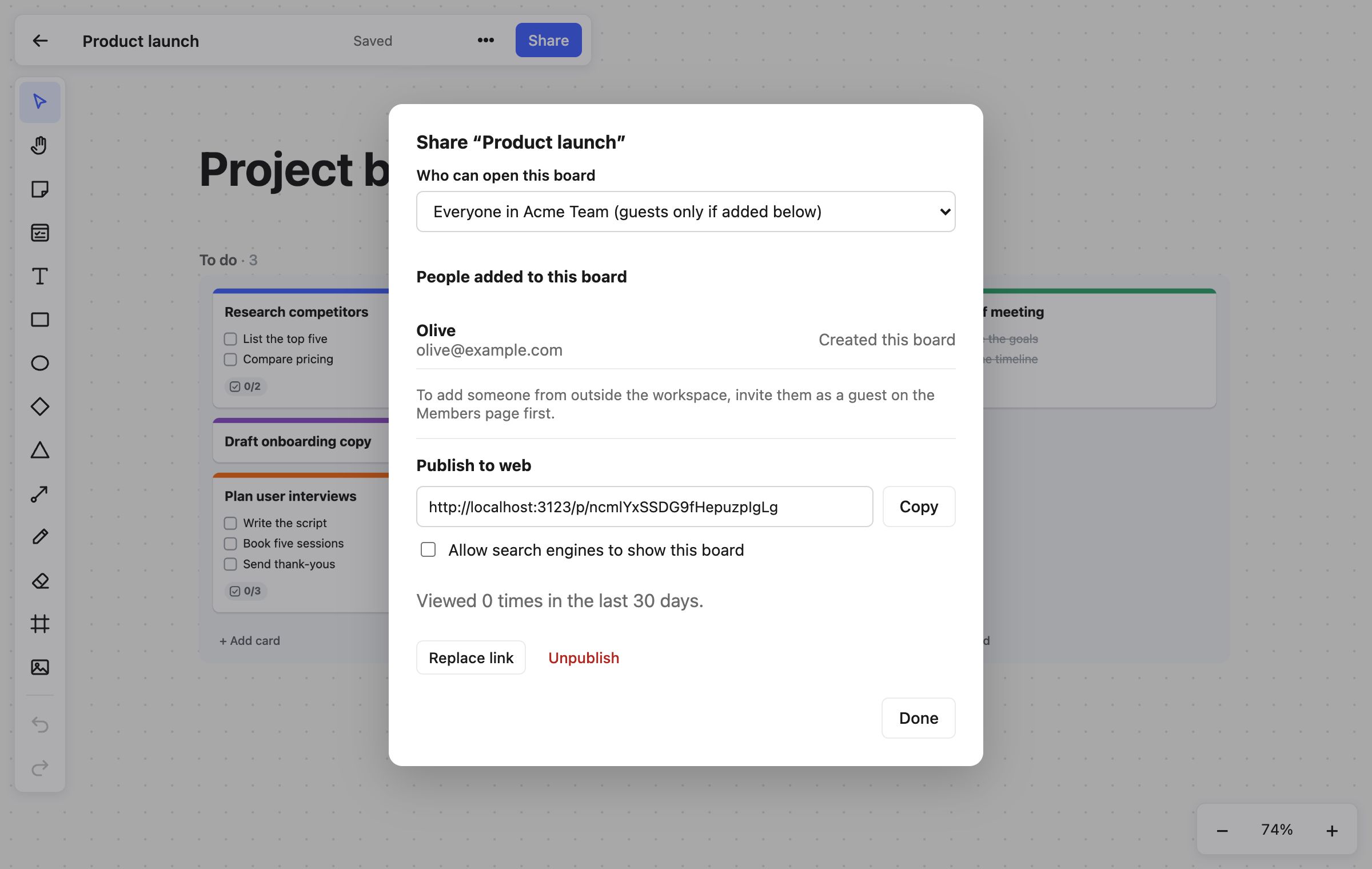 The Share dialog with a board published to the web