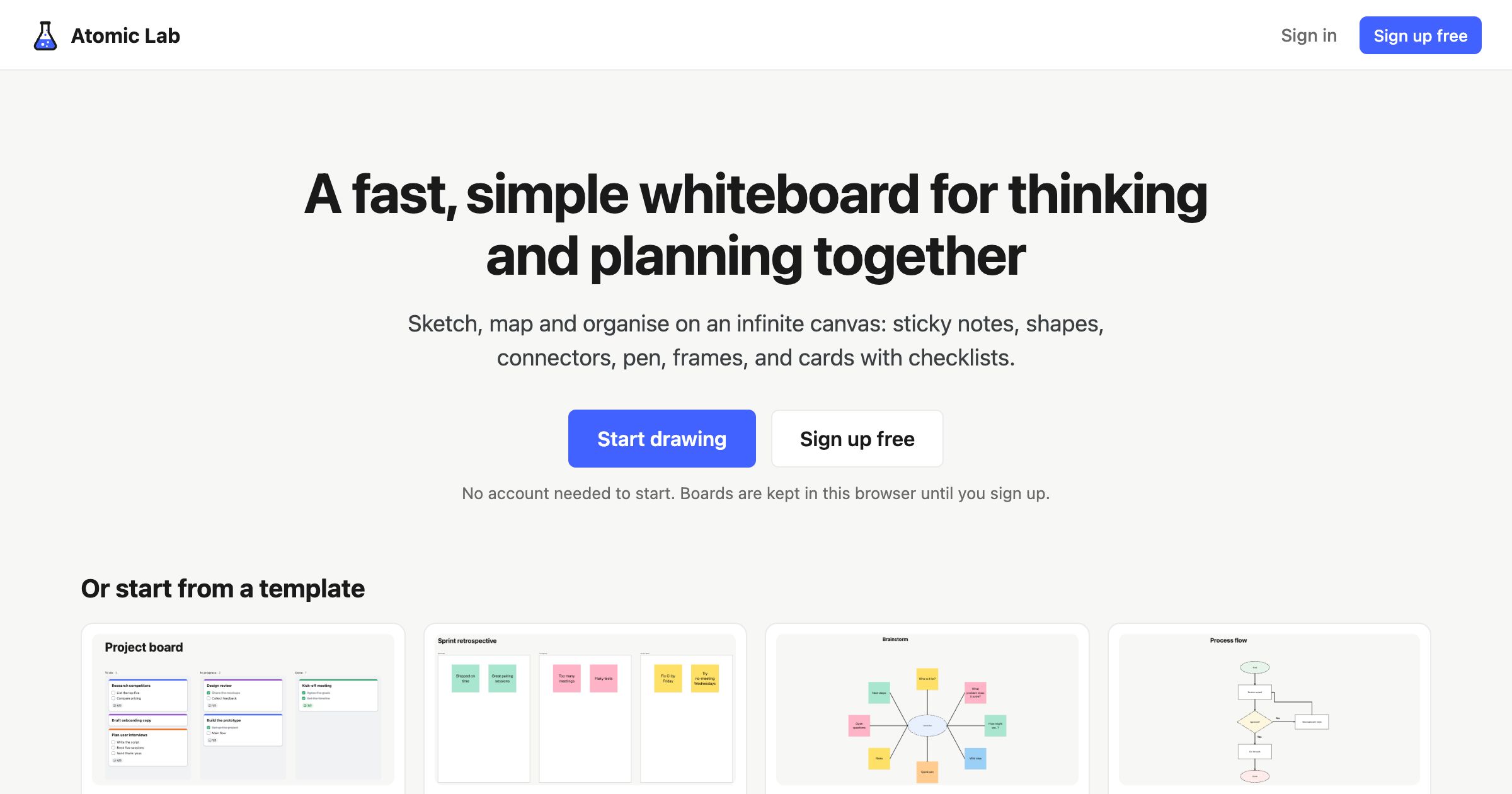 The Atomic Lab start page, with Start drawing and Sign up free buttons and board templates